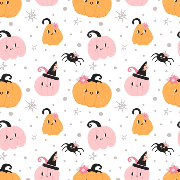 A cute Halloween wallpaper featuring a seamless pattern of cartoon pink and orange pumpkins, spiders, and spiderwebs on a white background