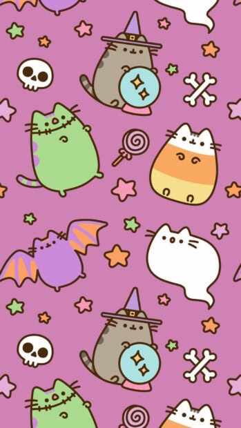 A cute halloween ipad wallpaper with a pattern of Pusheen cats dressed in various Halloween costumes on a pink background