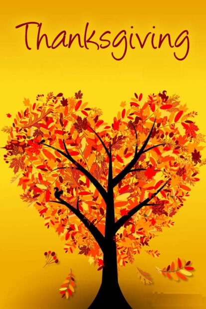 Cute Thanksgiving Wallpaper showing an autumn tree with heart-shaped leaves on a vibrant yellow background and "Thanksgiving" text