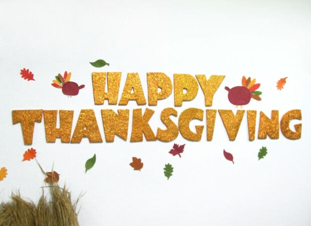 Cute Thanksgiving wallpaper featuring glittery "Happy Thanksgiving" text with small turkey and leaf cutouts on a clean white background