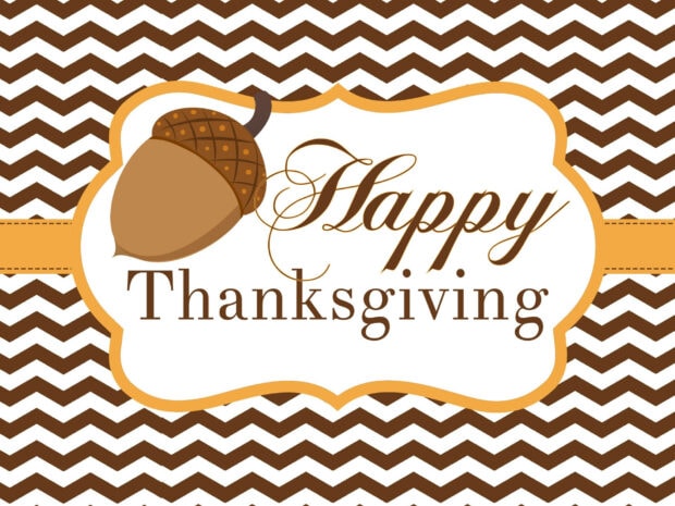 Cute Thanksgiving wallpaper featuring "Happy Thanksgiving" text within a decorative frame with acorns on a brown and white chevron pattern