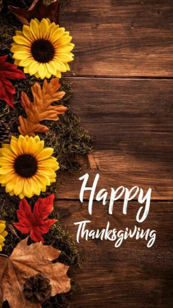 Cute Thanksgiving Wallpaper featuring sunflowers and autumn leaves on a rustic wooden background with "Happy Thanksgiving" text