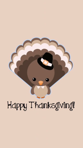 A cute Thanksgiving wallpaper featuring an adorable cartoon turkey wearing a black pilgrim hat, with "Happy Thanksgiving!" text on a clean light beige background