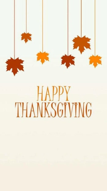 A cute Thanksgiving wallpaper with minimalist hanging orange and brown autumn leaves and "Happy Thanksgiving" text on a clean white background
