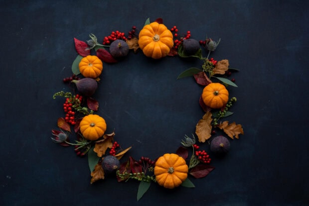 A cute Thanksgiving wallpaper featuring an autumn wreath made of small pumpkins, figs, berries, and leaves on a dark background