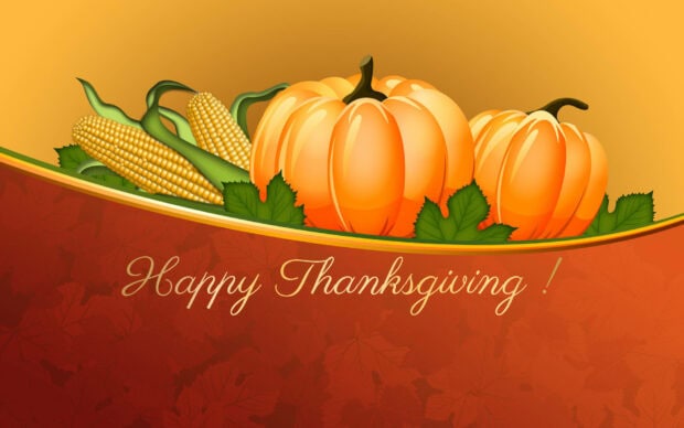 Cute Thanksgiving wallpaper displaying cartoon pumpkins and corn on a gradient background with "Happy Thanksgiving!" text