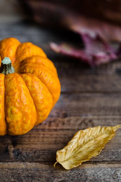 A cute Thanksgiving wallpaper showcasing a textured orange pumpkin and a shimmering golden leaf on a rustic wooden table, with a soft focus background