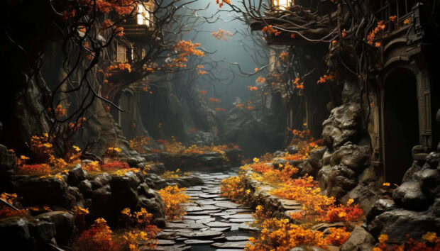A mystical Dark Fall Wallpaper depicting a fantasy forest path with glowing windows and vibrant orange autumn foliage on gnarled trees