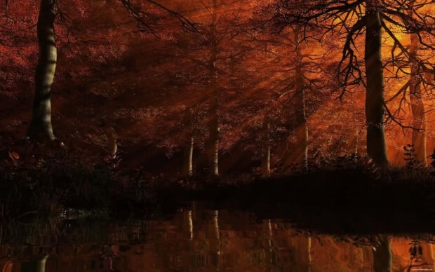 Dark Fall Wallpaper featuring a mystical autumn forest with orange-red trees reflecting in calm water
