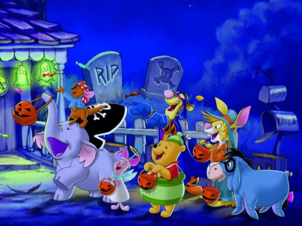 Cute Disney Halloween Wallpaper featuring Winnie the Pooh and friends trick-or-treating in costumes at night