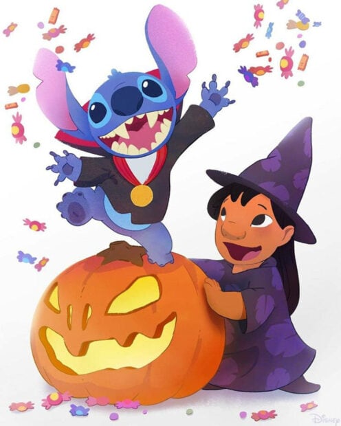 Cute Disney Halloween Wallpaper showing Stitch as a vampire jumping on a jack-o'-lantern with Lilo as a witch