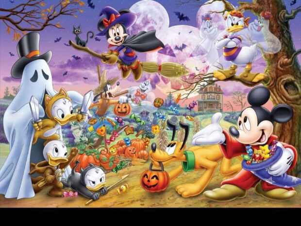 A fun Disney Halloween wallpaper illustration with Mickey, Minnie, Donald, and friends celebrating with pumpkins under a full moon