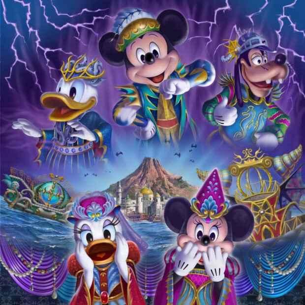 A vibrant Disney Halloween Wallpaper showcasing Mickey, Donald, Goofy, Daisy, and Minnie in elaborate magical costumes with a mysterious castle background