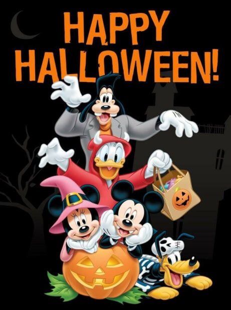 A cheerful Disney Halloween Wallpaper featuring Mickey, Minnie, Donald, Goofy, and Pluto in costumes with a "HAPPY HALLOWEEN!" text