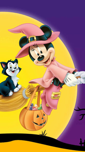 A charming Disney Halloween wallpaper depicting Minnie Mouse as a pink witch flying on a broomstick with Figaro the cat, set against a large yellow moon