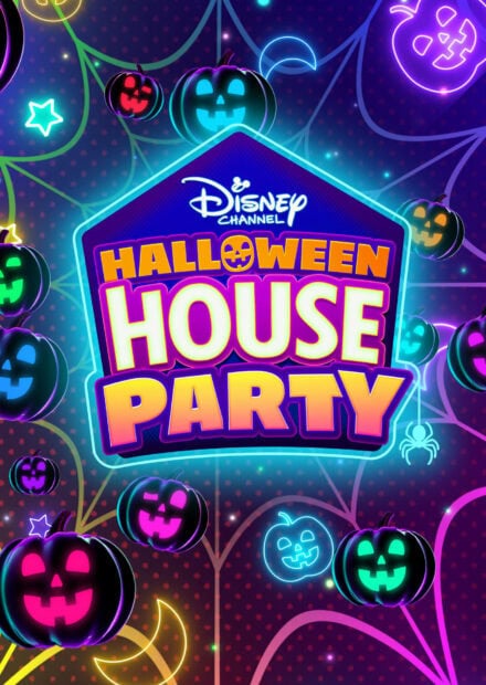 A vibrant Disney Halloween wallpaper showcasing the "Halloween House Party" logo surrounded by glowing neon pumpkins and spiderwebs on a dark purple background