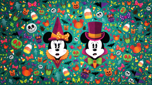 A vibrant Halloween iPad wallpaper featuring Mickey and Minnie Mouse in costumes surrounded by a busy pattern of candies, pumpkins, and skulls