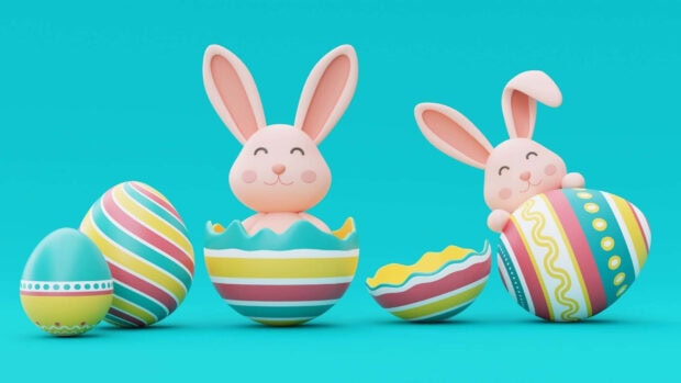 Easter Bunny Wallpaper featuring cute 3D rendered cartoon bunnies peeking from colorful striped eggs on a vibrant teal background