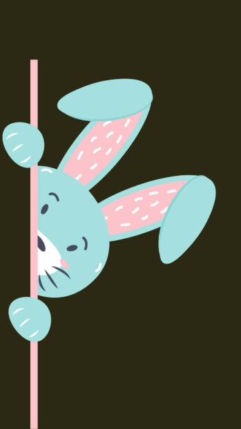 Playful cartoon Easter Bunny wallpaper featuring a blue rabbit peeking from behind a pink line on a dark background