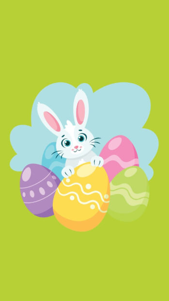An adorable Easter Bunny wallpaper illustration featuring a cartoon white bunny peeking over a yellow Easter egg surrounded by other colorful patterned eggs on a vibrant green background