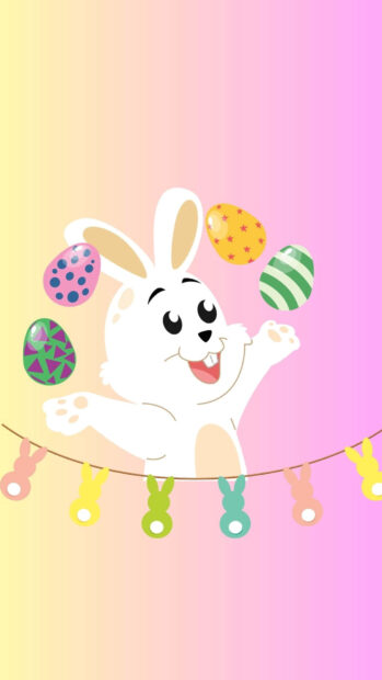 Vibrant cartoon Easter Bunny wallpaper featuring a happy white rabbit with colorful eggs and bunny garland on a gradient background
