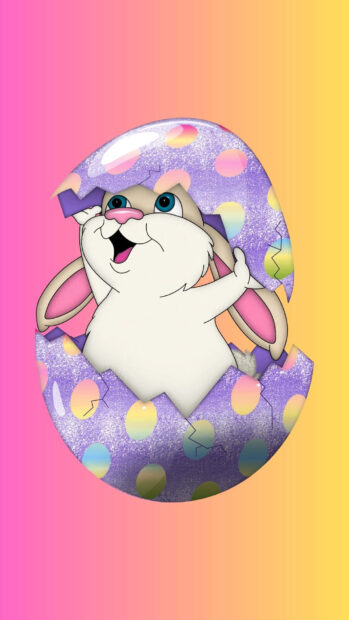 Easter Bunny Wallpaper showcasing a cheerful cartoon rabbit breaking out of a purple polka dot Easter egg on a bright gradient background