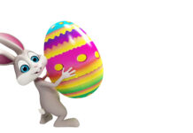 A vibrant Easter Bunny Wallpaper featuring a cute 3D cartoon bunny holding a large, colorful striped Easter egg against a clean white background