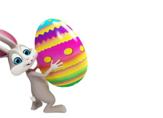 A vibrant Easter Bunny Wallpaper featuring a cute 3D cartoon bunny holding a large, colorful striped Easter egg against a clean white background