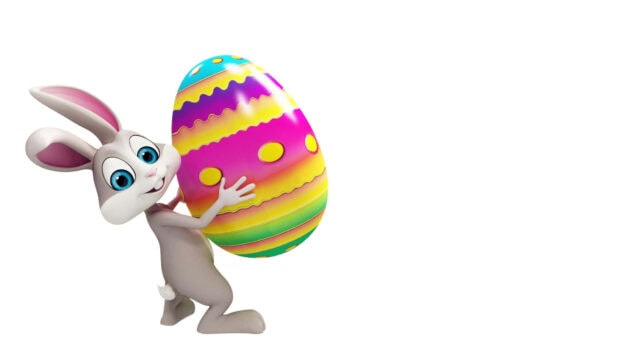 A vibrant Easter Bunny Wallpaper featuring a cute 3D cartoon bunny holding a large, colorful striped Easter egg against a clean white background