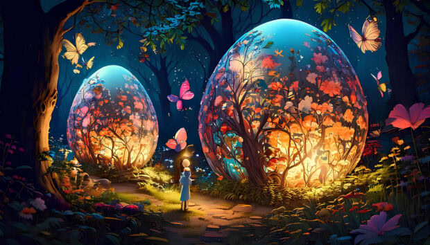 A vibrant Easter Bunny Wallpaper featuring a fantasy forest scene with giant glowing Easter eggs and butterflies