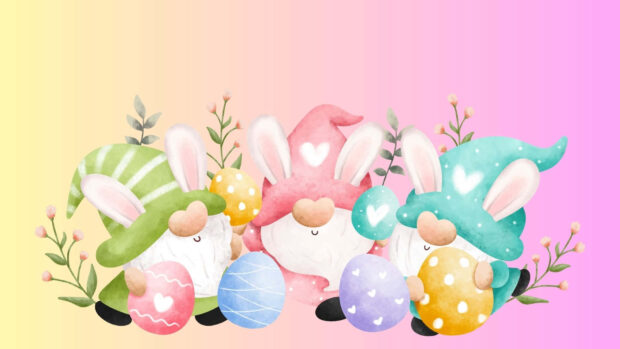 A vibrant Easter Bunny wallpaper featuring three cute gnomes with bunny ears and hats holding colorful Easter eggs