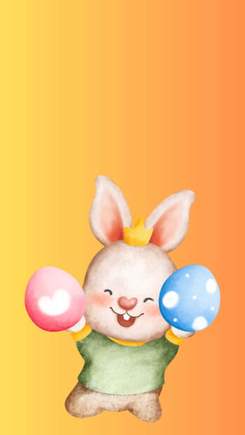 A cheerful Easter Bunny wallpaper featuring a cartoon bunny wearing a crown and holding two decorated Easter eggs
