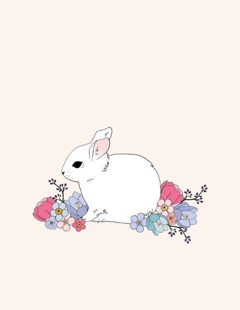 A minimalist Easter Bunny wallpaper depicting a white bunny with pink ears sitting amongst colorful stylized flowers on a light pink background