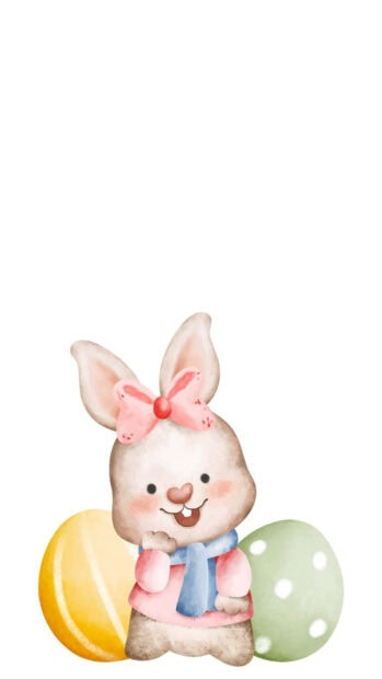 A charming Easter Bunny Wallpaper displaying a single cartoon bunny wearing a pink bow and blue scarf, standing beside two colorful Easter eggs on a clean white background