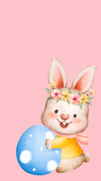A charming Easter Bunny wallpaper featuring a watercolor-style illustration of a cute brown bunny wearing a flower crown and holding a large blue polka-dotted Easter egg on a pink background