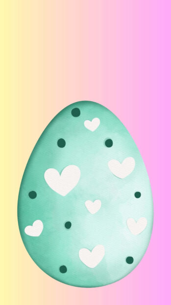 Easter Egg Wallpaper showcasing a teal egg decorated with white hearts and black dots on a colorful gradient background