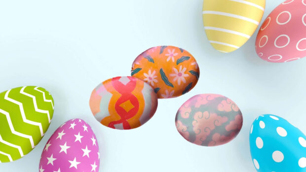 A decorative Easter Egg Wallpaper featuring multiple colorful patterned eggs, including three abstractly designed ones in the center, on a light blue background