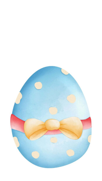 A charming light blue Easter egg wallpaper featuring white polka dots and a yellow bow