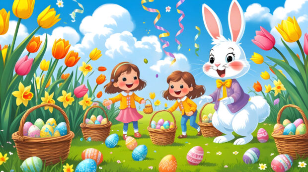 A cheerful Easter egg wallpaper depicting a cartoon bunny and two girls collecting colorful eggs in a vibrant spring field with flowers