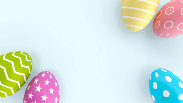 A cheerful Easter Egg Wallpaper with five colorful patterned eggs framing a light blue background, perfect for desktop icons