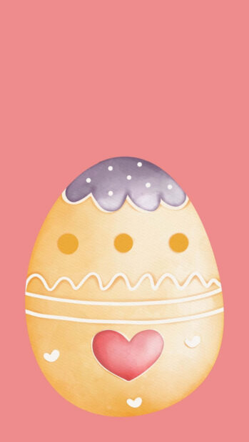 A cute Easter egg wallpaper featuring a decorated egg with purple frosting, yellow dots, and a pink heart on a pink background