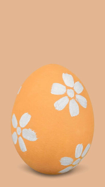 An elegant Easter Egg wallpaper showcasing a vibrant orange egg adorned with charming white floral patterns on a soft peach background