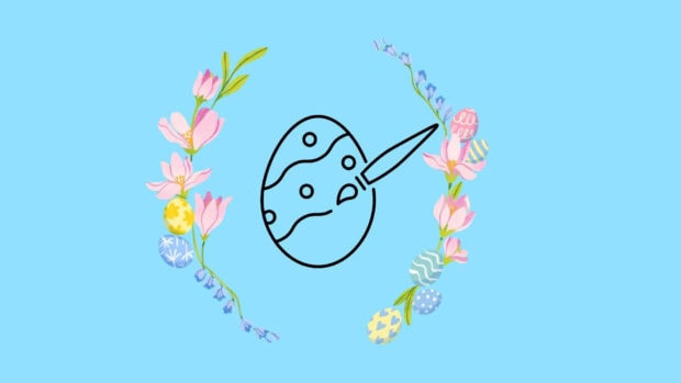 A charming Easter Egg wallpaper illustration featuring a line art egg being painted, encircled by a colorful wreath of spring flowers and tiny decorated eggs on a light blue background