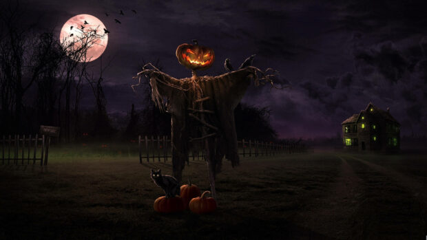 An eerie Halloween iPad wallpaper featuring a scarecrow with a pumpkin head, a black cat, and a haunted house under a full moon