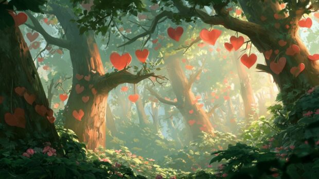 Enchanted forest heart wallpaper featuring red hearts hanging from sunlit trees and scattered on the ground