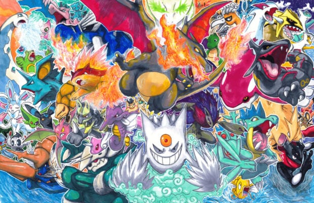 An epic Pokemon Halloween Wallpaper showcasing a dynamic battle scene with numerous powerful Pokemon like Charizard and Gengar in intricate detail