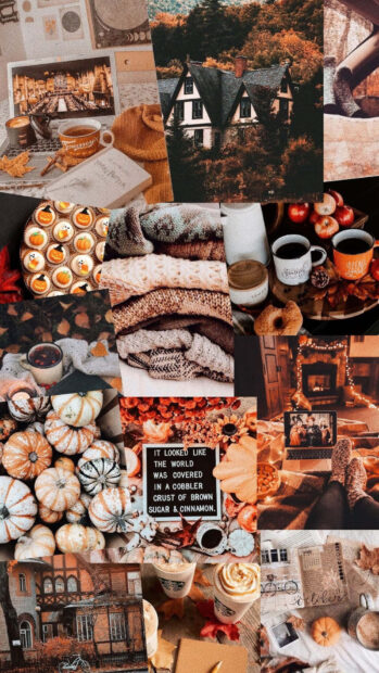 A cozy Fall Aesthetic Iphone Wallpaper featuring a collage of autumn-themed images like pumpkins, coffee, and a cabin