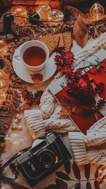 A beautiful Fall Aesthetic Iphone Wallpaper featuring a cozy flat lay with a cup of tea, cookies, string lights, and a vintage camera