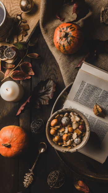 A moody Fall Aesthetic Iphone Wallpaper flat lay featuring small pumpkins, an open book, a candle, and fall leaves on a dark wooden surface