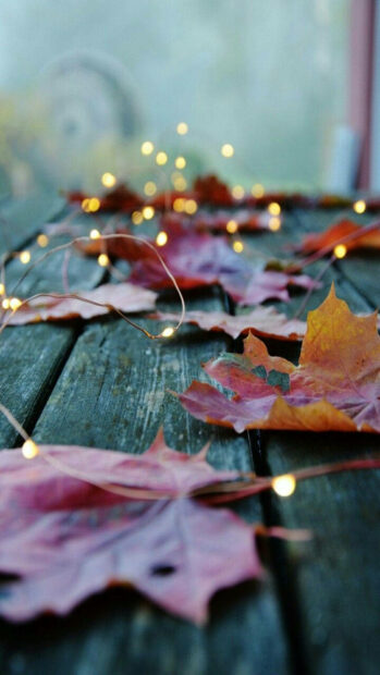 Fall Aesthetic Iphone Wallpaper featuring autumn leaves and twinkling string lights on a rustic wooden table